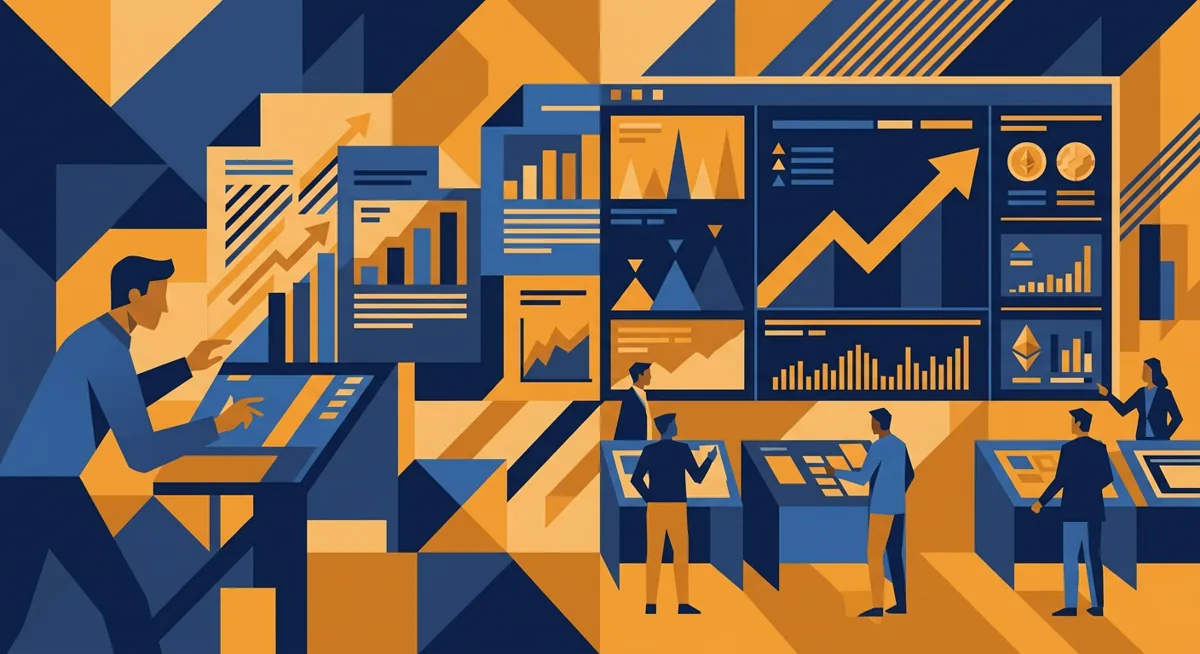 Abstract illustration of an IPO document merging with a crypto exchange dashboard panel