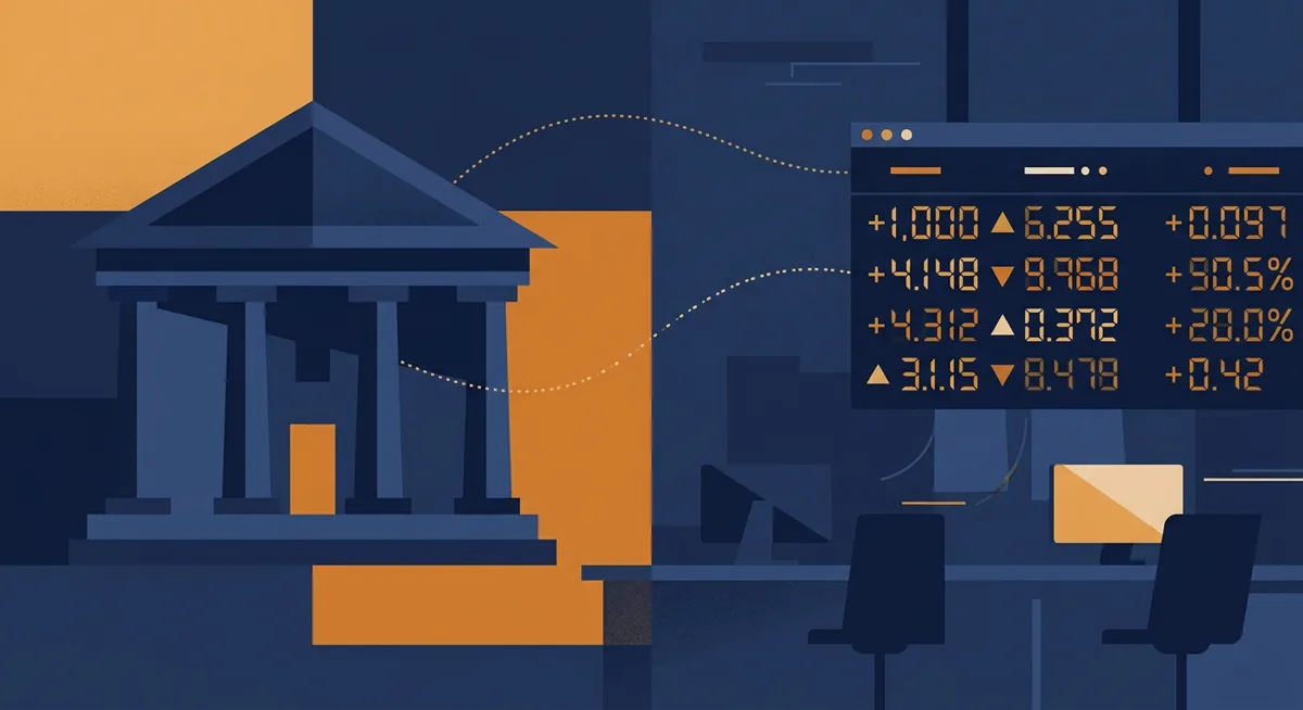 Abstract illustration of a bank building linked by a dotted line to a crypto exchange screen, symbolizing early infrastructure talks