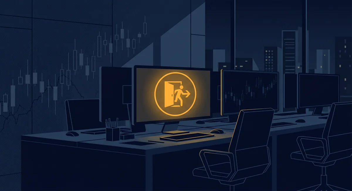 Illustration of a dimmed trading terminal with a glowing exit icon, representing BitMEX closing trading while keeping withdrawals open