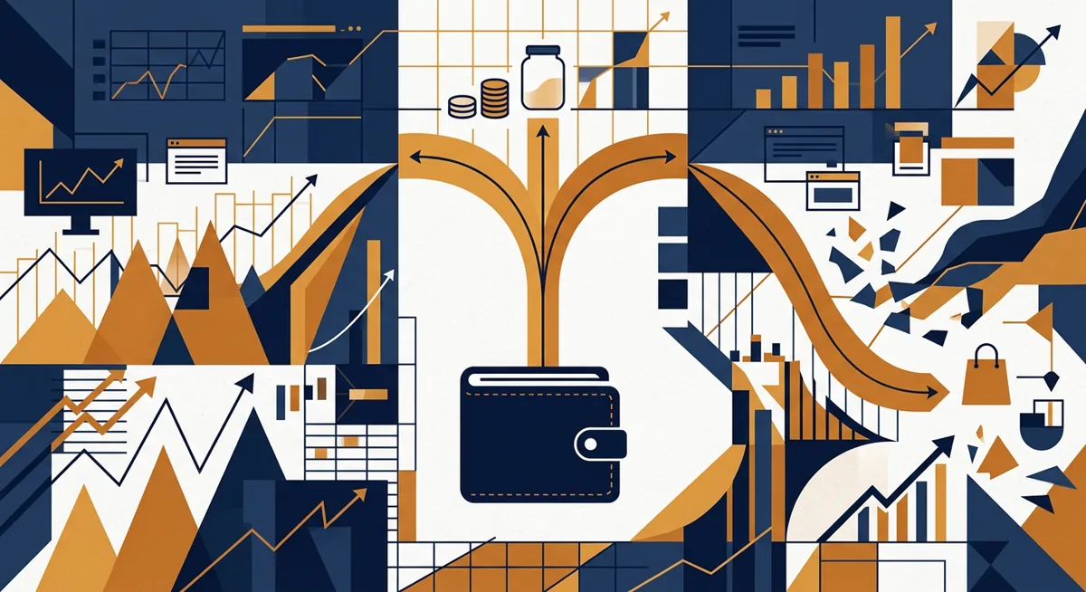 Abstract illustration of a digital wallet splitting into saving, earning and spending paths