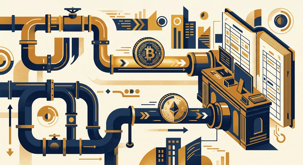 Illustration of two stablecoin tokens moving along separate transfer pipelines toward an exchange desk