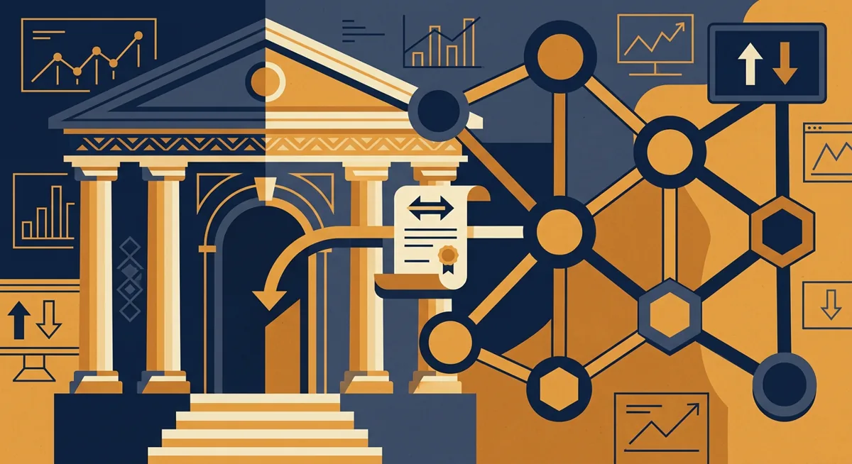 Illustration of a bank building merging with a blockchain network, symbolizing a crypto firm seeking a bank charter