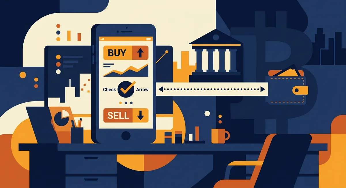 Illustration of a phone showing a crypto exchange confirmation screen connected to a bank and a wallet icon