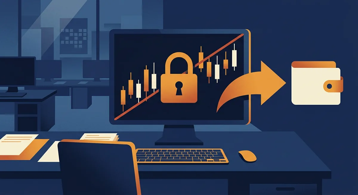 Illustration of a shuttered crypto exchange trading terminal with a padlock and withdrawal arrow