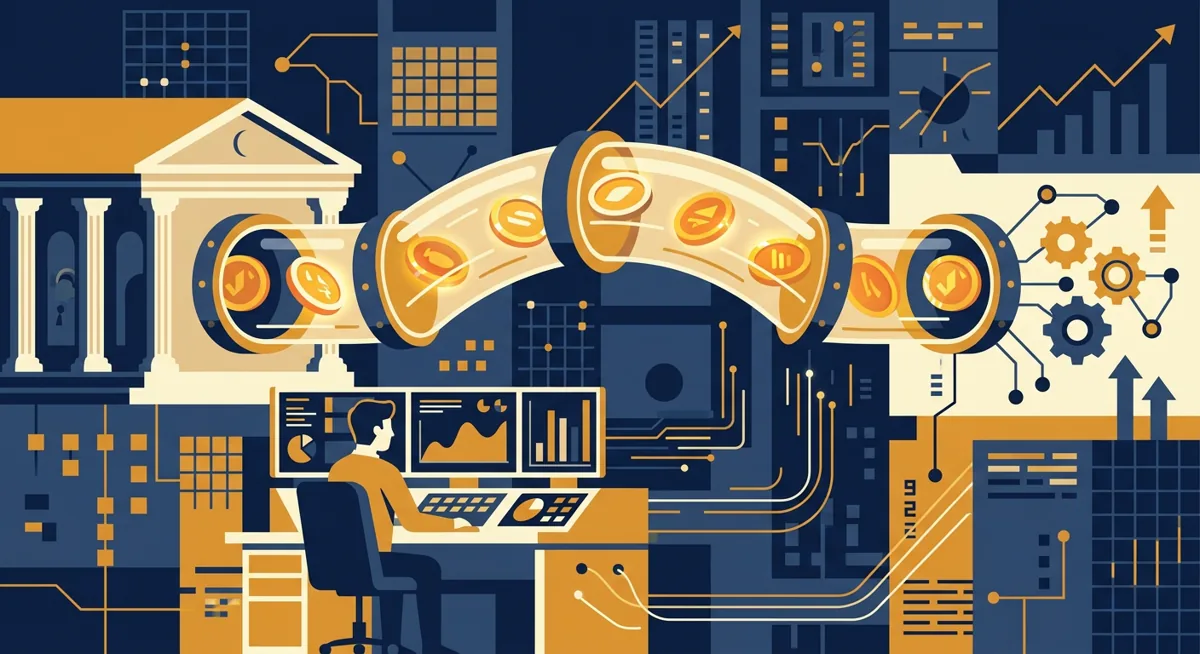 Abstract illustration of fiat currency flowing through a pipe into stablecoin tokens on a trading desk