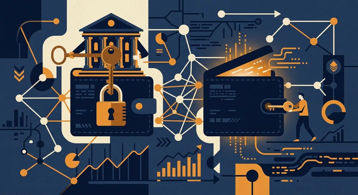 Illustration comparing a custodial wallet controlled by an institution and a non-custodial wallet controlled by an individual, linked by blockchain nodes