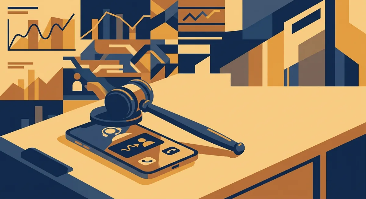 Illustration of a gavel next to a phone showing a fraudulent support call, symbolizing a court sentencing over a crypto exchange impersonation scam
