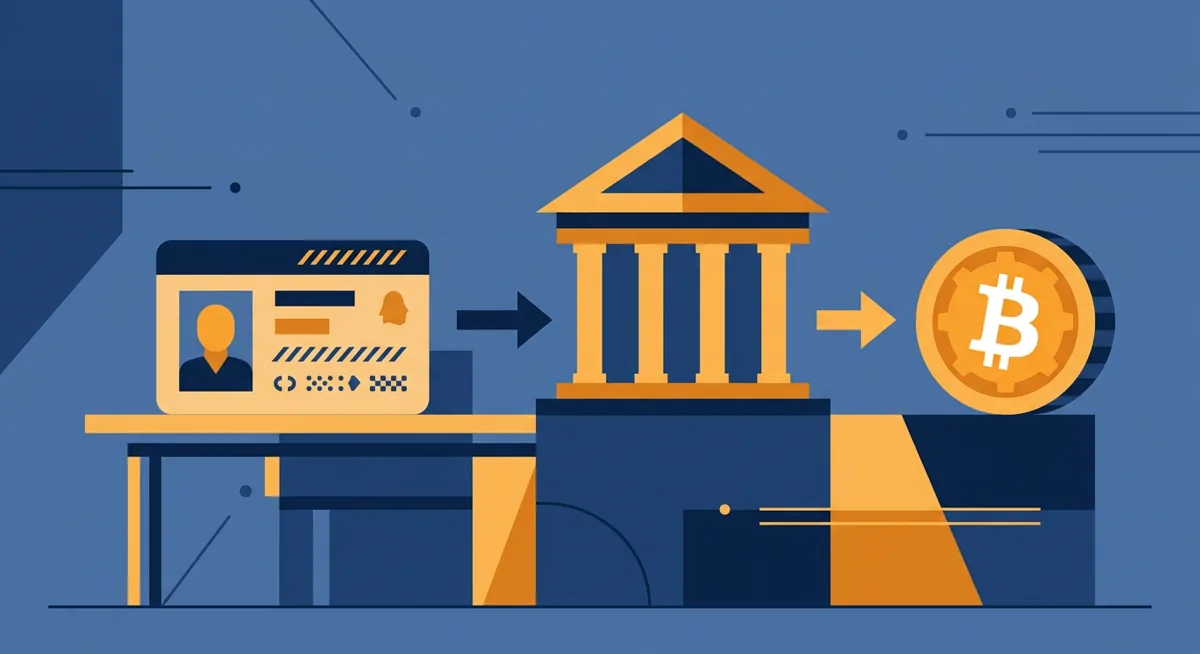 Abstract illustration of identity verification and bank deposit flowing into a bitcoin purchase