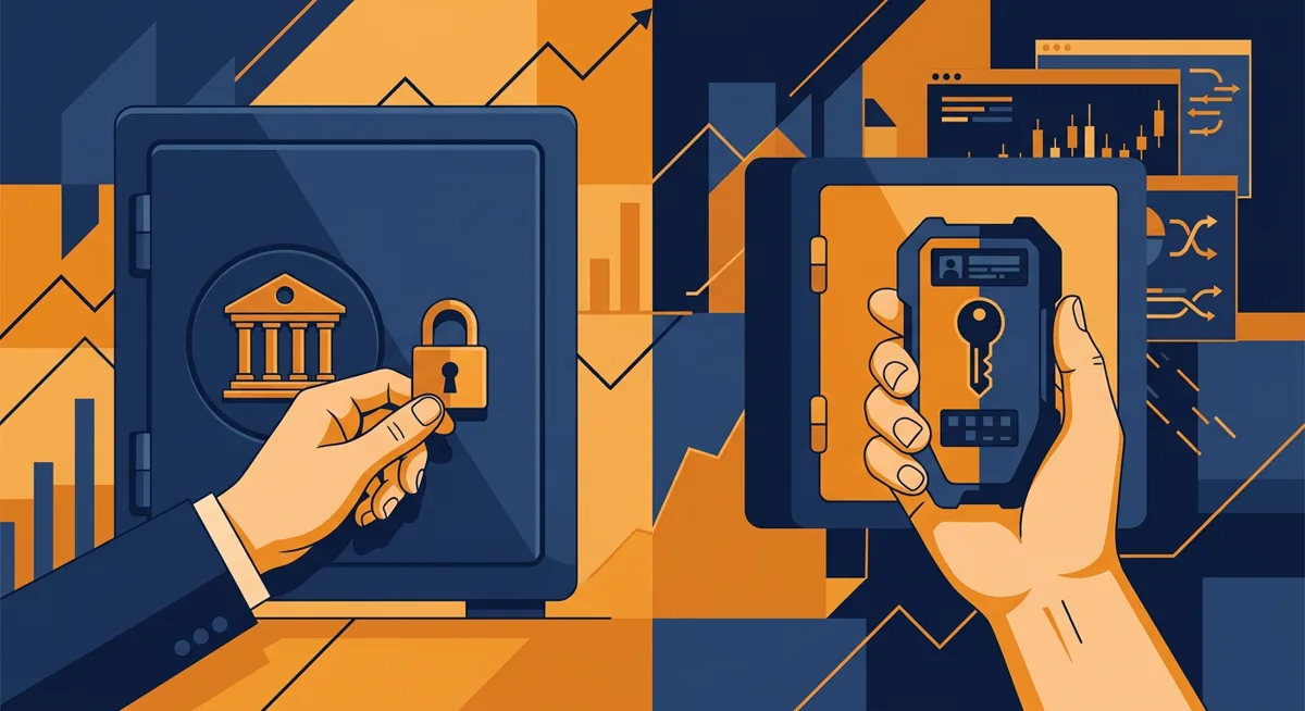 Illustration comparing custodial wallet control held by an exchange versus noncustodial wallet control held by the user