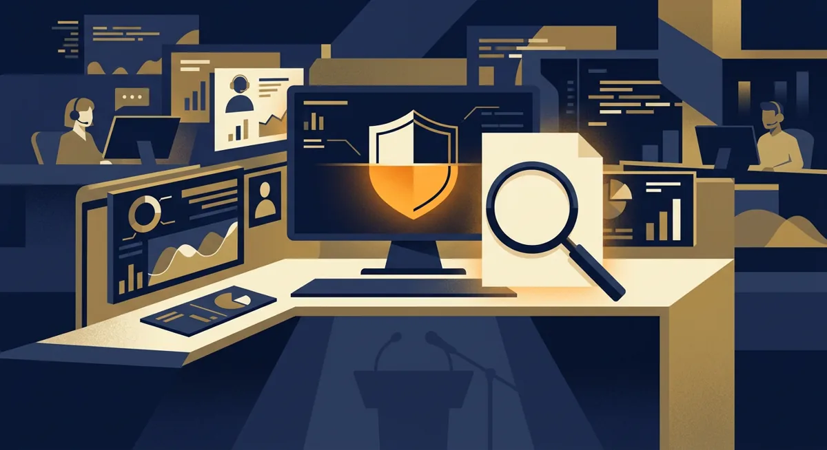 Illustration of a shield and a magnifying glass over a blank document, symbolizing an unverified protection plan announcement.
