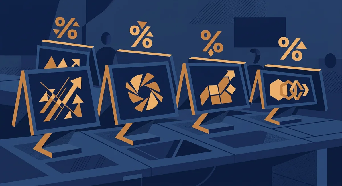 Illustration comparing four crypto exchange terminals side by side on a desk