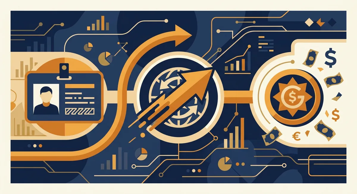Abstract illustration of identity verification and deposit steps leading to a coin purchase on an exchange