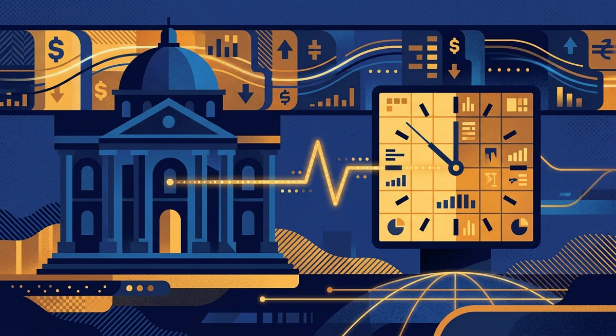 Abstract illustration of a bank building linked to a clock, symbolizing round-the-clock USD settlement between Kraken's parent company and a Singapore bank