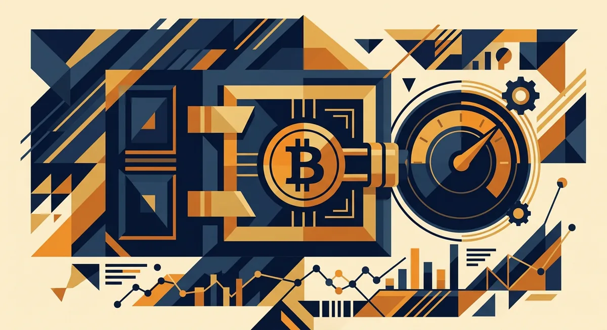 Abstract illustration of a bitcoin coin locked in a vault beside a fixed-rate dial, representing bitcoin-backed loans