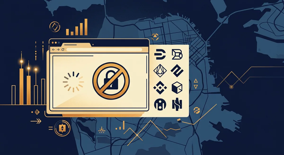 Illustration of a browser access block icon over abstract crypto exchange shapes with a peninsula outline in the background