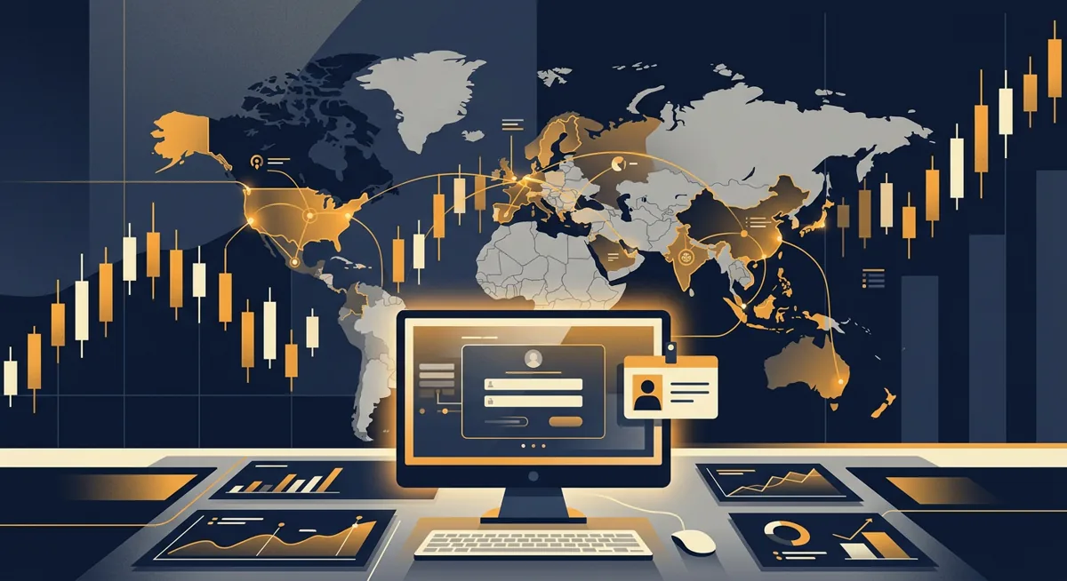 Illustration of a global exchange account setup with a restricted-regions map and identity verification icons