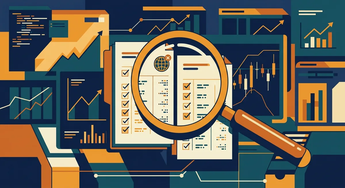Illustration of a magnifying glass comparing exchange fee sheets next to a globe icon representing country availability checks