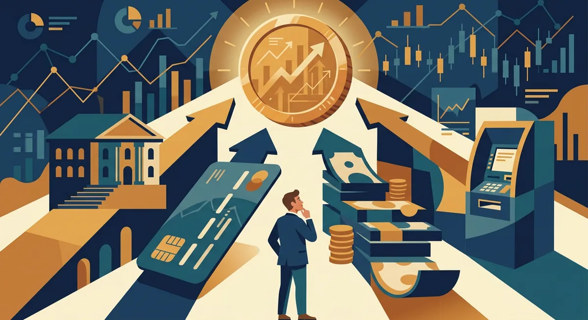 Illustration showing four ways to buy cryptocurrency: bank, card, cash, and ATM