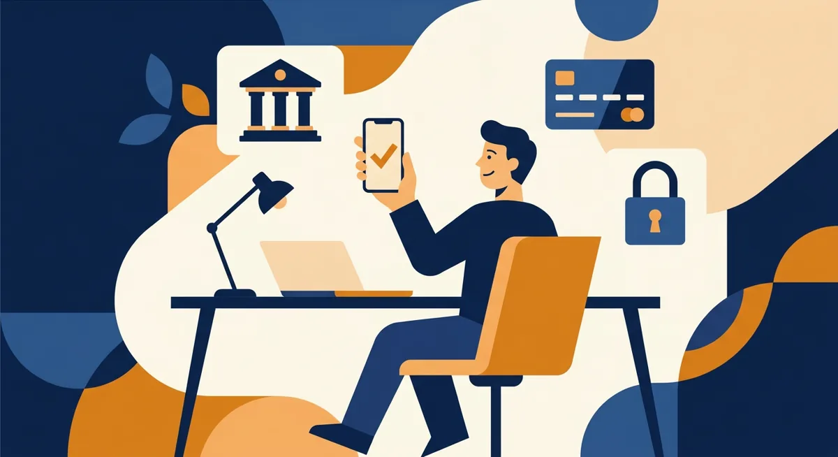 Illustration of identity verification and payment method icons for buying crypto through an on-ramp