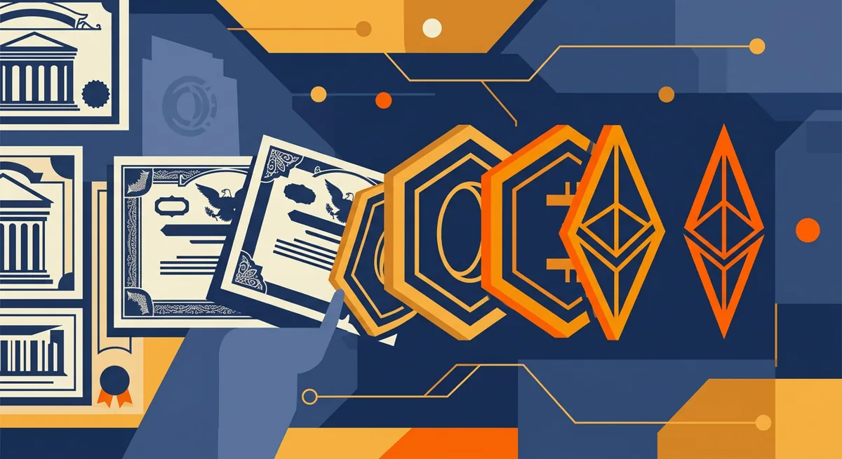 Abstract illustration of stock certificates turning into digital tokens on a trading desk, representing companies objecting to tokenized shares