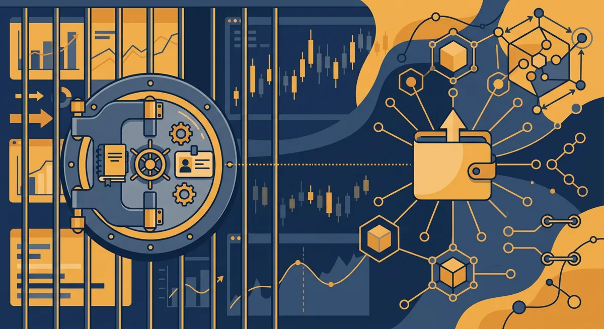 Illustration contrasting a custodial vault representing a centralized exchange with an open wallet connected to contract nodes representing a decentralized exchange