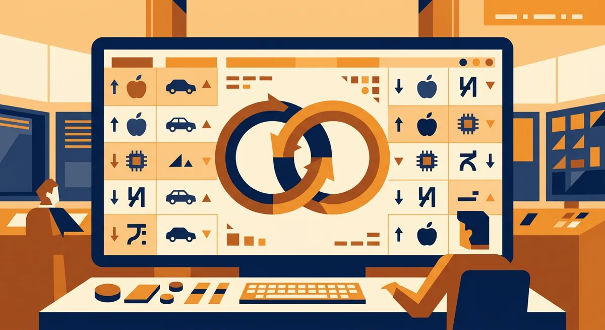 Abstract illustration of a trading screen showing stock symbols linked to a perpetual futures loop icon