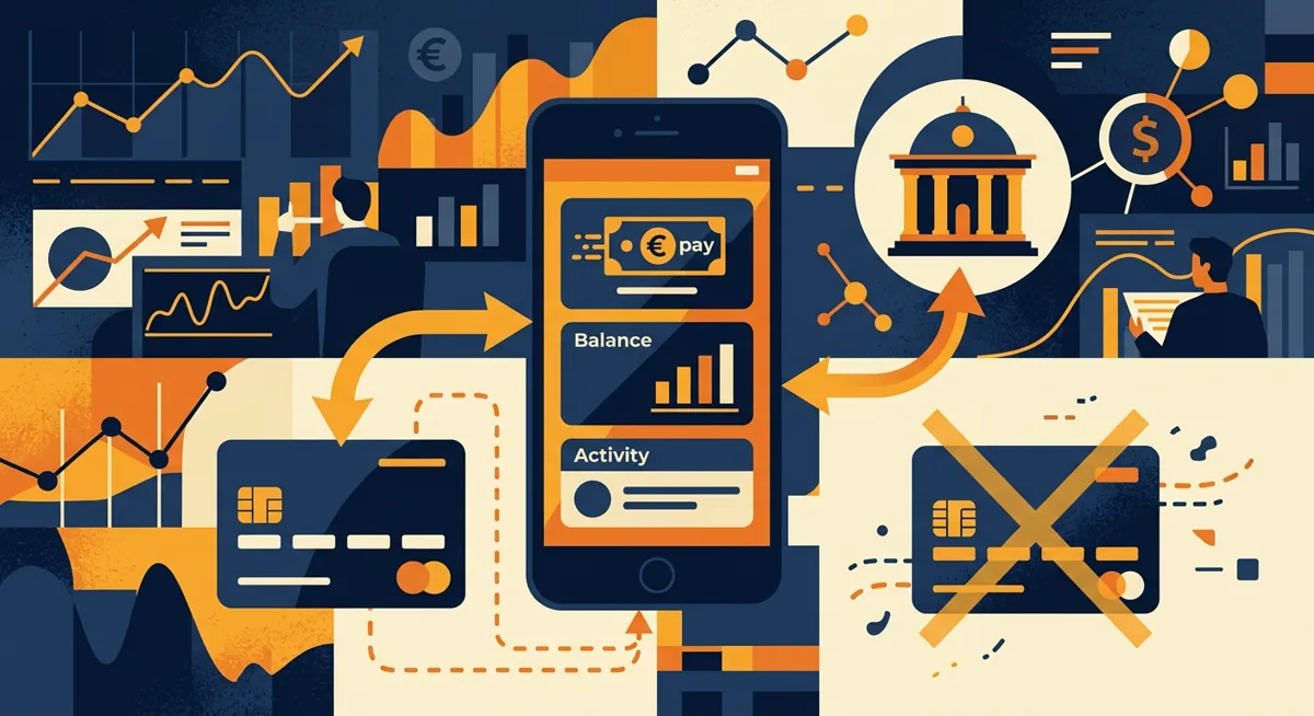 Illustration of a smartphone payment app connected to a bank and debit card, with a credit card marked as not usable
