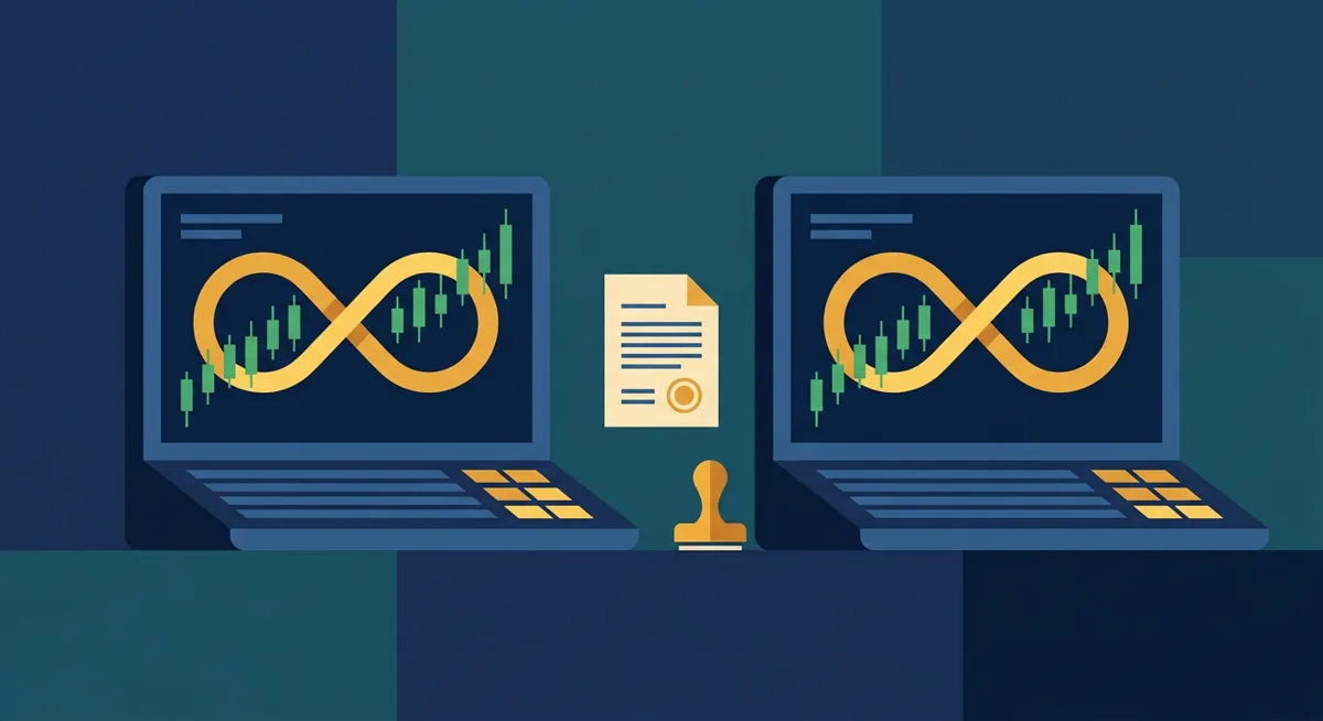Two abstract trading terminals showing stock charts wrapped in infinity symbols, with a filed-document icon between them, representing Coinbase and Kalshi's perpetual futures filings