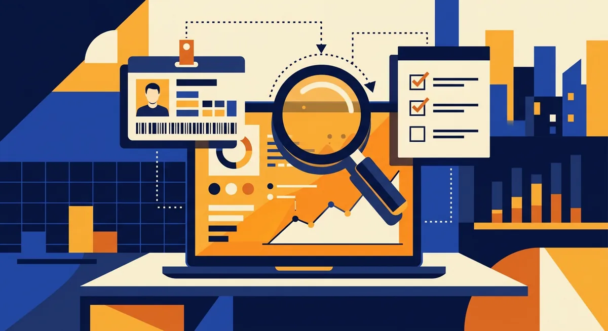 Illustration of identity documents and a checklist being reviewed above a laptop for crypto exchange verification