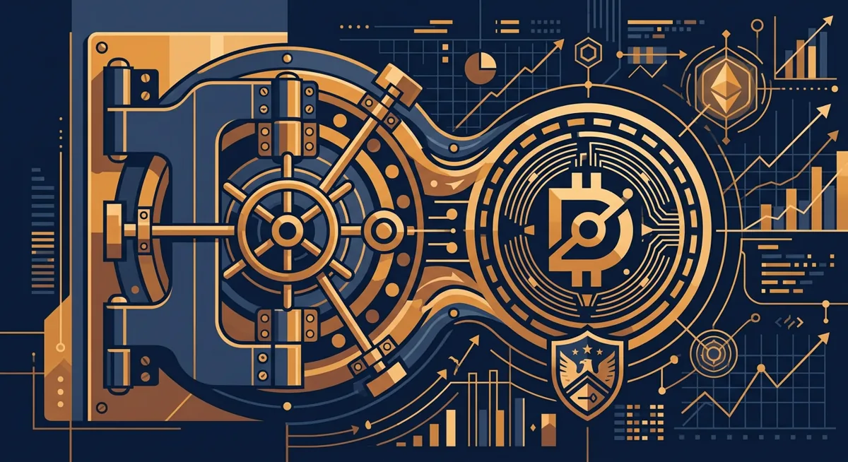 Illustration of a bank vault blending into a digital token, symbolizing SoFi's tokenized deposit product