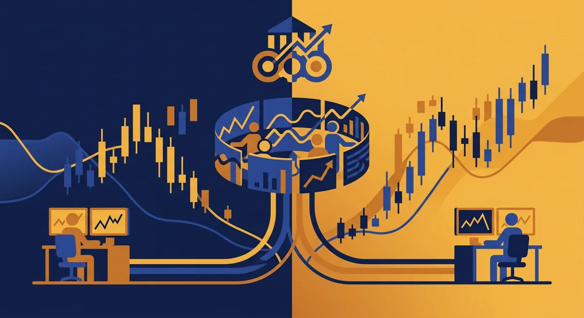 Illustration of two exchange icons merging into one combined trading desk