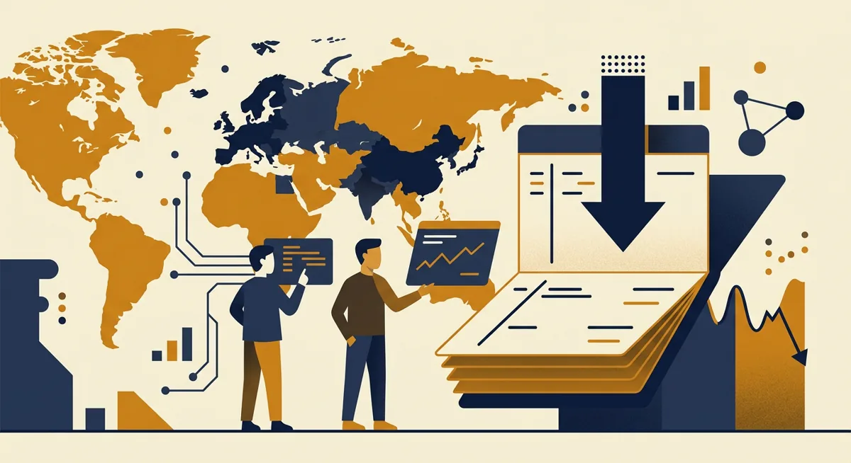 Abstract illustration of a trading desk with a capped withdrawal arrow and a world map showing restricted regions