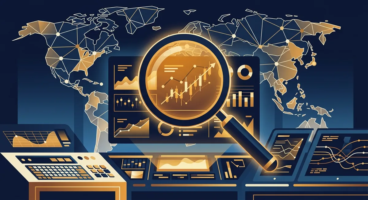 Illustration of a magnifying glass over an abstract crypto exchange dashboard with a faint world map in the background