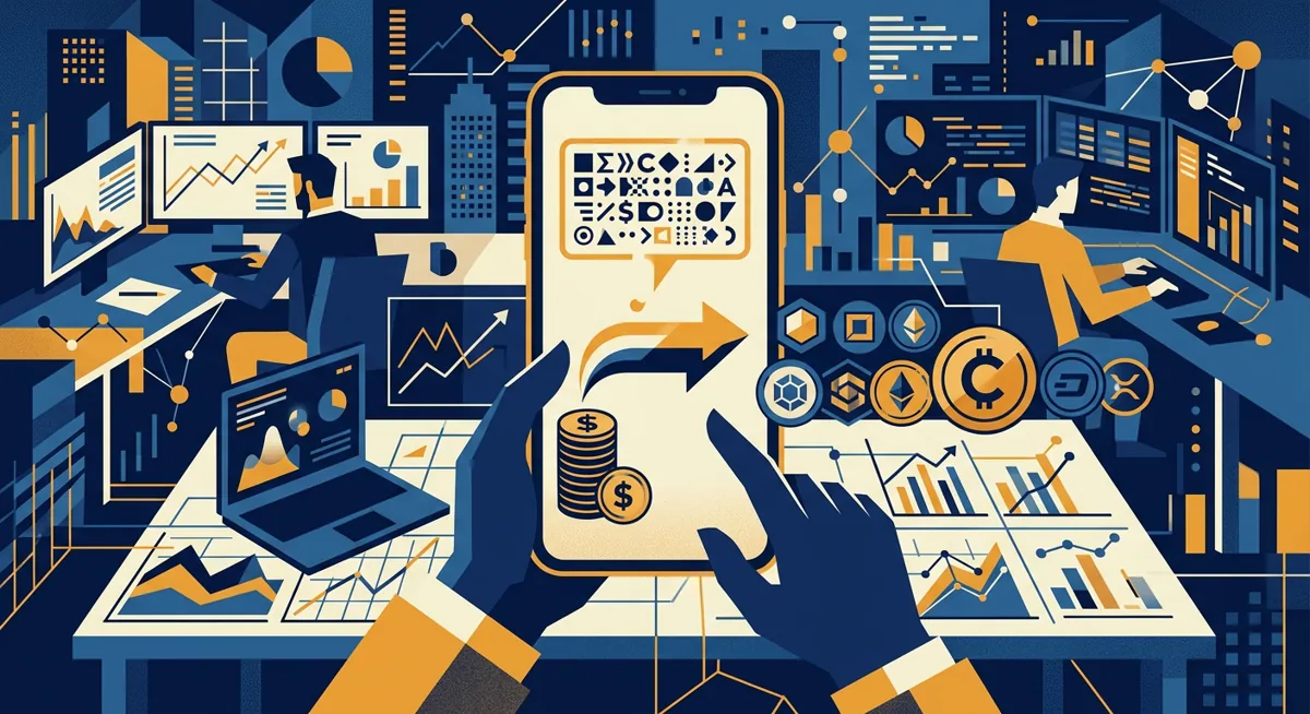 Illustration of a phone screen showing a crypto deposit flow on a brokerage app, representing Robinhood as a crypto on-ramp