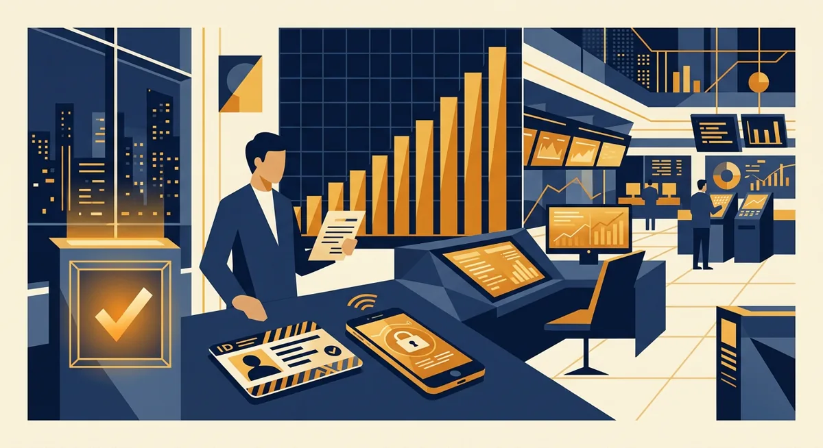 Illustration of identity documents and a limit gauge at a stylized trading desk