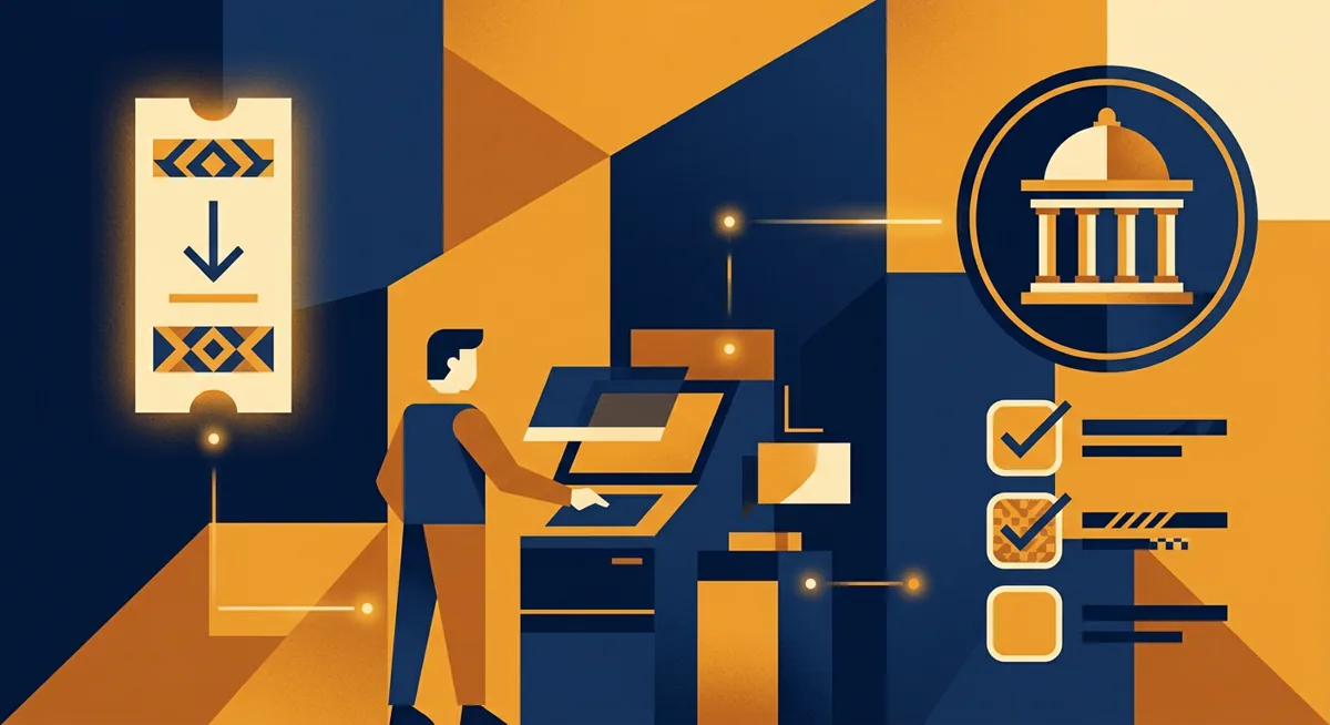 Illustration of a trading desk with withdrawal and verification icons representing Coinbase fees and limits