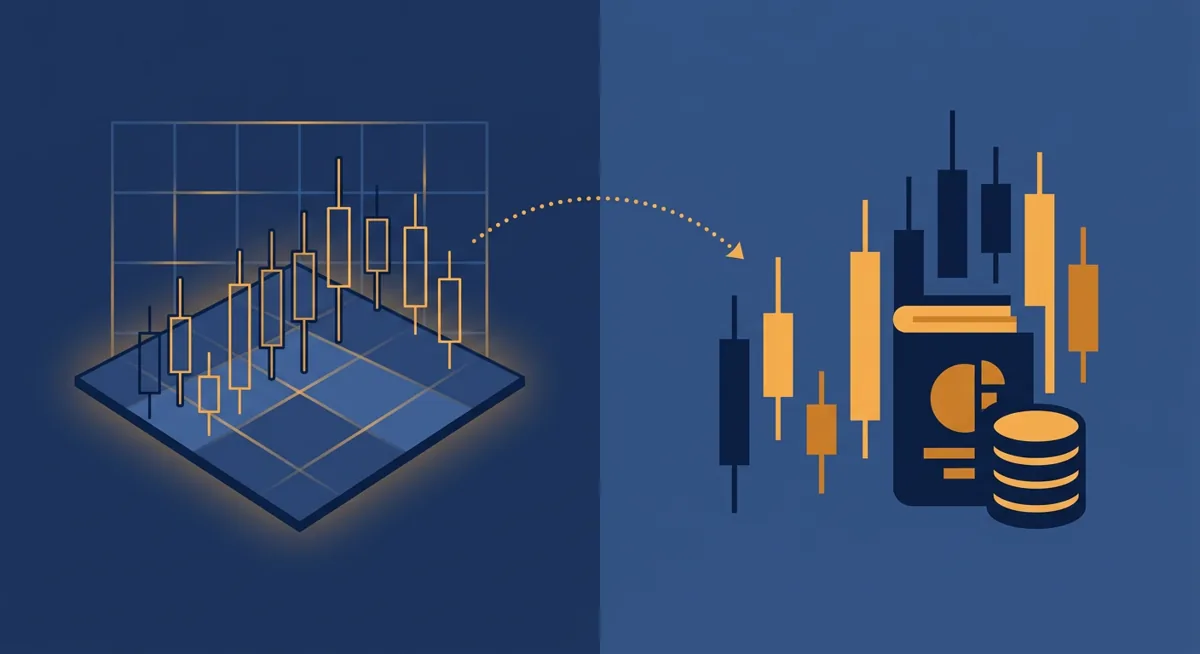 Illustration contrasting a sandboxed testnet trading screen with a live funded trading account