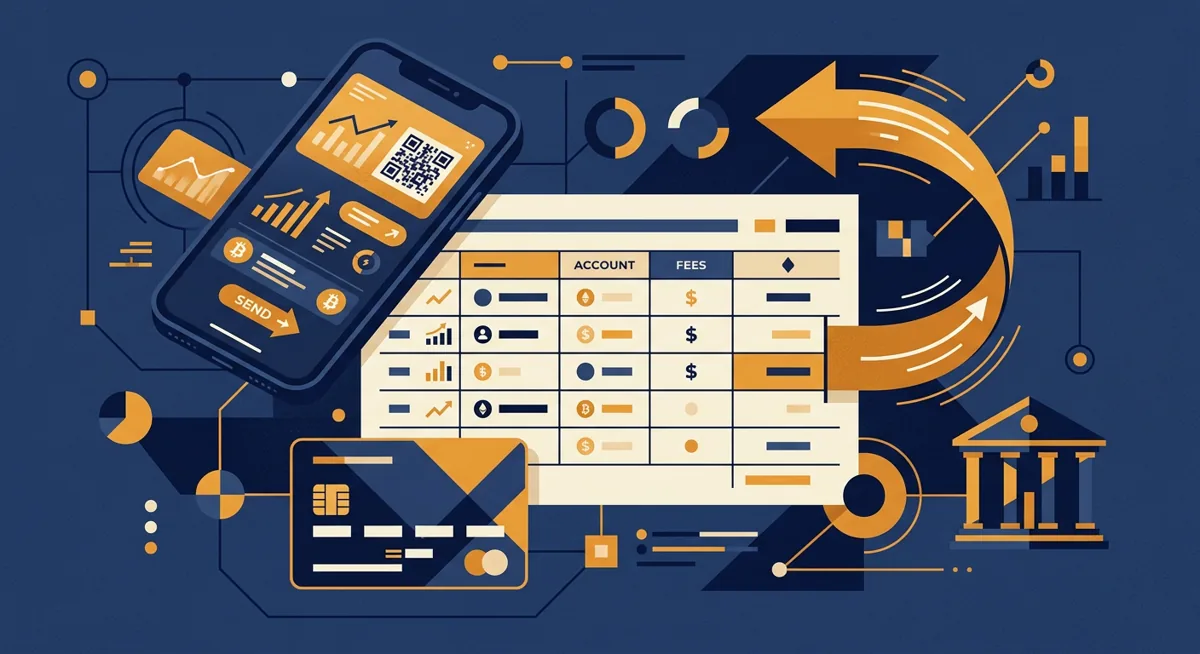 Flat vector illustration of a credit card, smartphone wallet and bank transfer icons around an abstract fee table, representing crypto on-ramp comparisons.