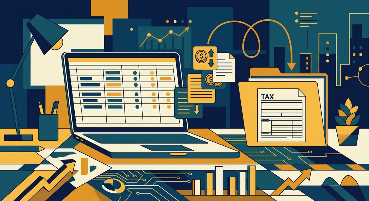 Illustration of exchange transaction reports being exported and organized into tax documents