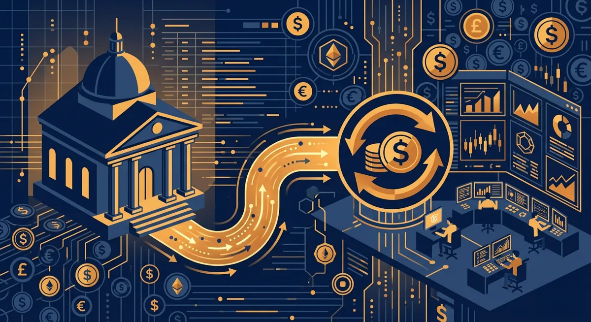 Abstract illustration of a bank and a crypto exchange connected by a stablecoin payment pipeline