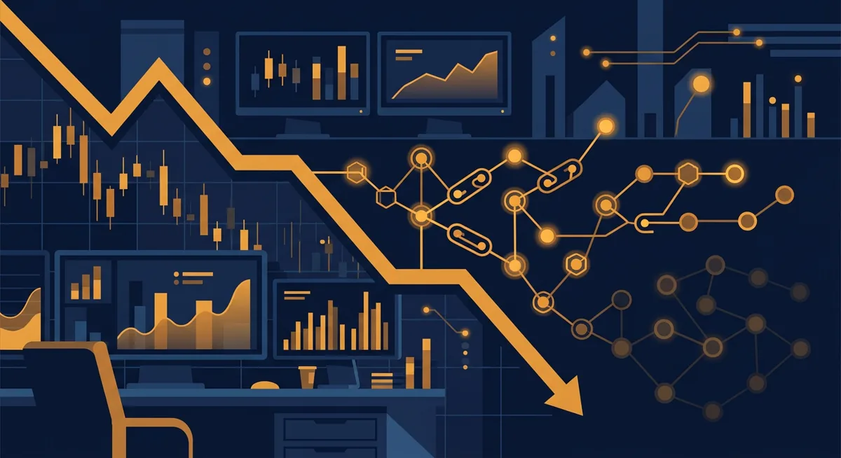 Illustration of a declining trading chart merging into a dimmed blockchain network, representing a slowdown in transaction activity