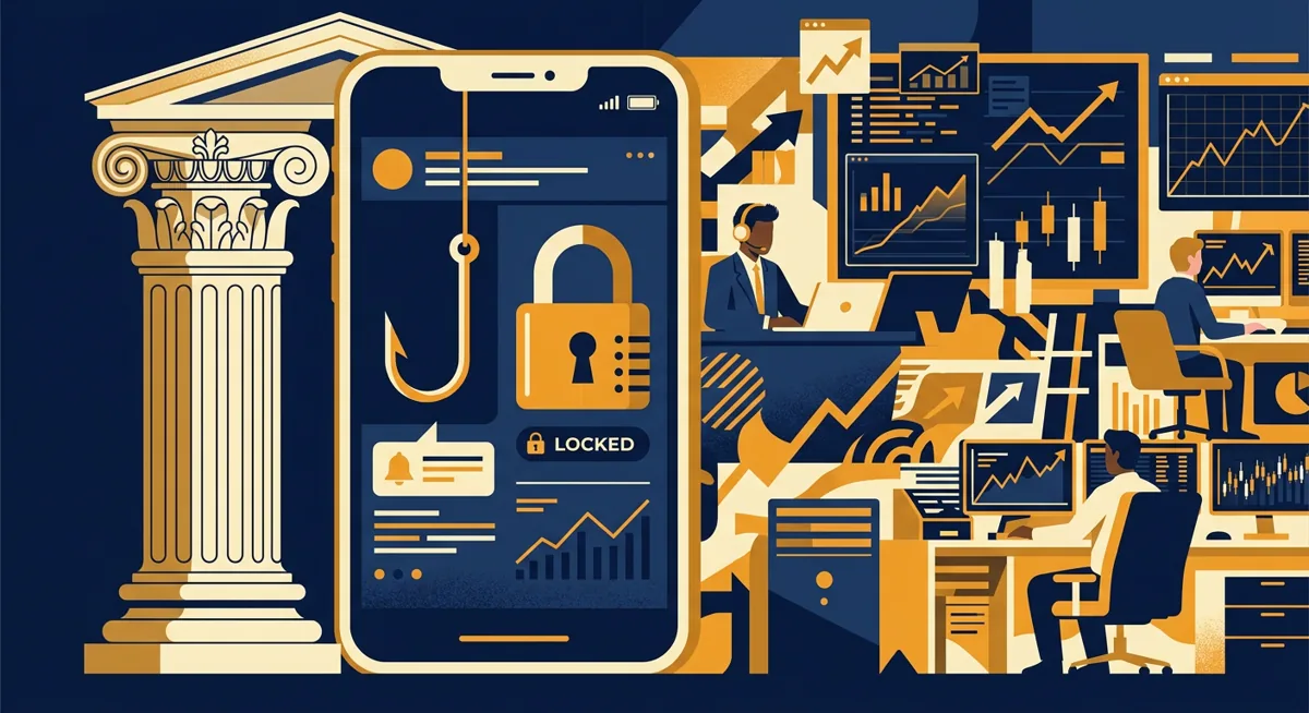 Illustration of a courthouse column next to a phone screen showing a phishing hook and a padlock, symbolizing a Coinbase phishing court case
