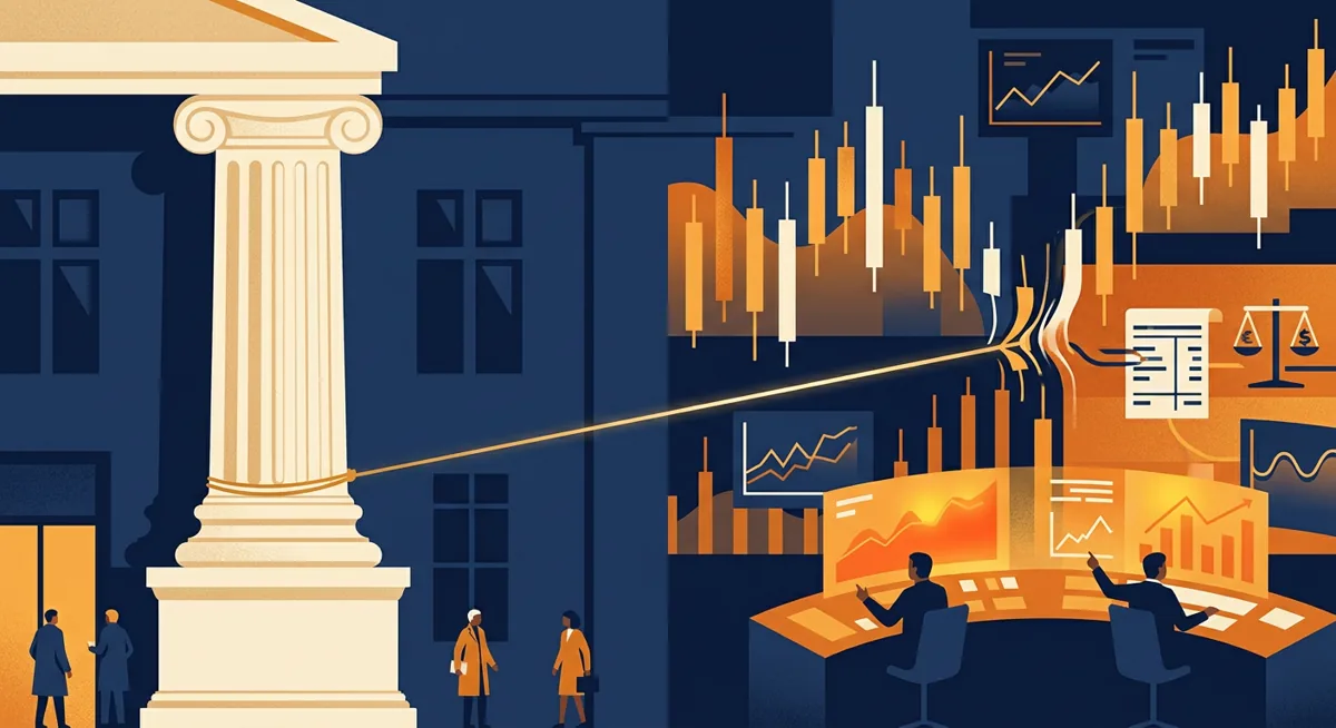 Illustration of a courthouse column linked by a thread to an abstract trading desk with candlestick charts, representing a lawsuit against a crypto exchange.