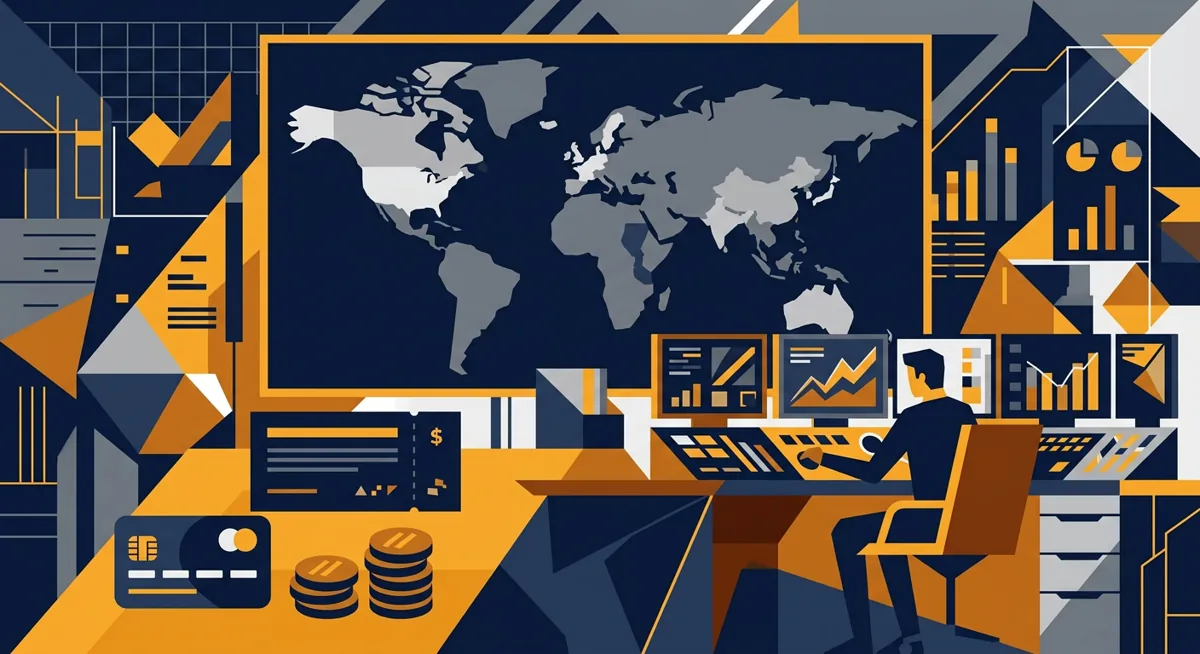 Abstract illustration of a trading desk with a world map showing restricted regions and fee icons