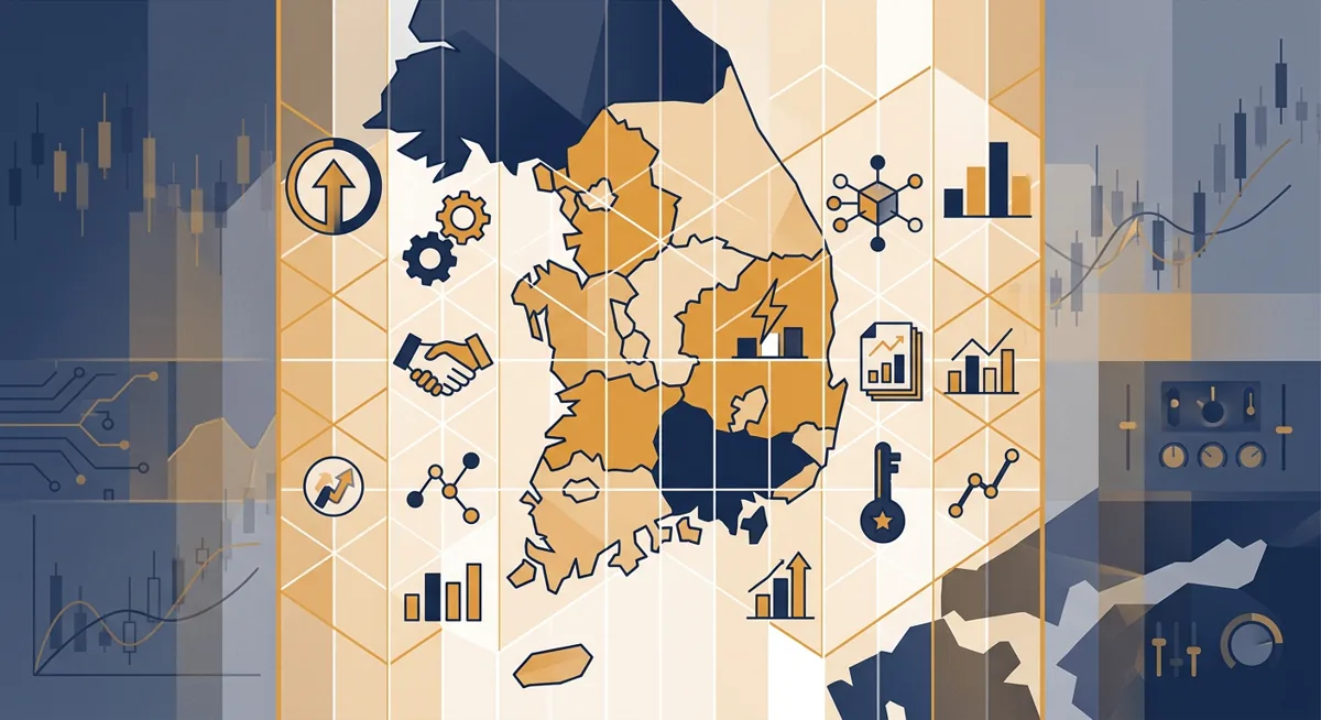 Flat illustration of a barrier overlaying crypto exchange icons on a map outline, symbolizing South Korea blocking access to crypto exchanges