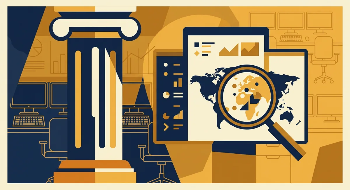 Illustration of a courthouse column beside an abstract crypto exchange screen under a magnifying glass