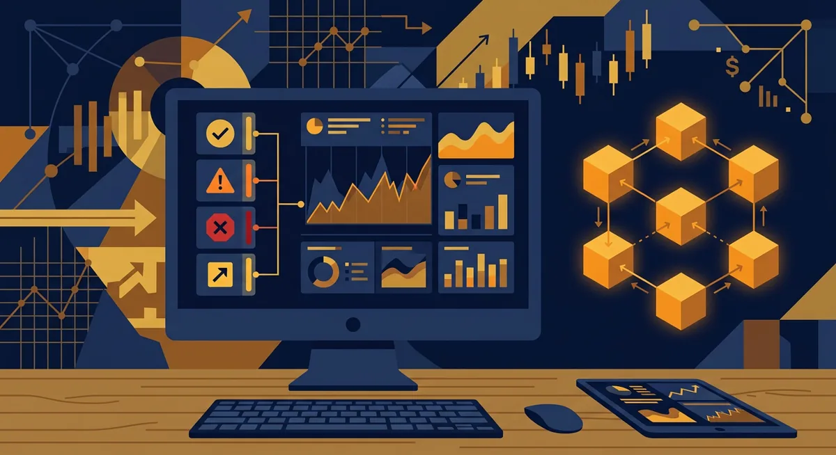 Illustration of a status dashboard screen next to a blockchain icon, representing checking exchange status against network status