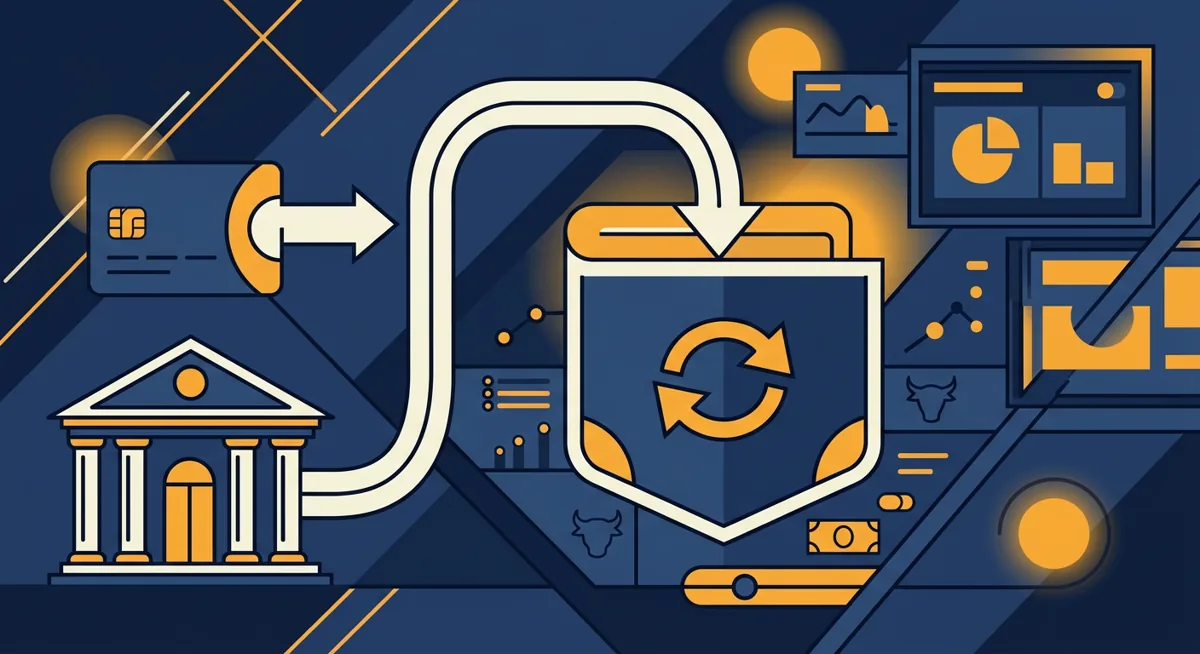 Illustration of bank transfer, card, and wire icons feeding into a crypto exchange wallet