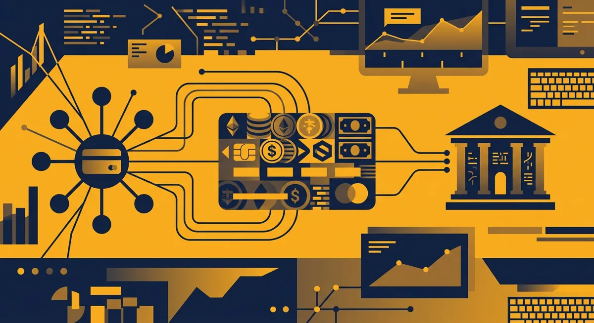 Abstract illustration of a stablecoin-backed card connected to card-issuing infrastructure nodes
