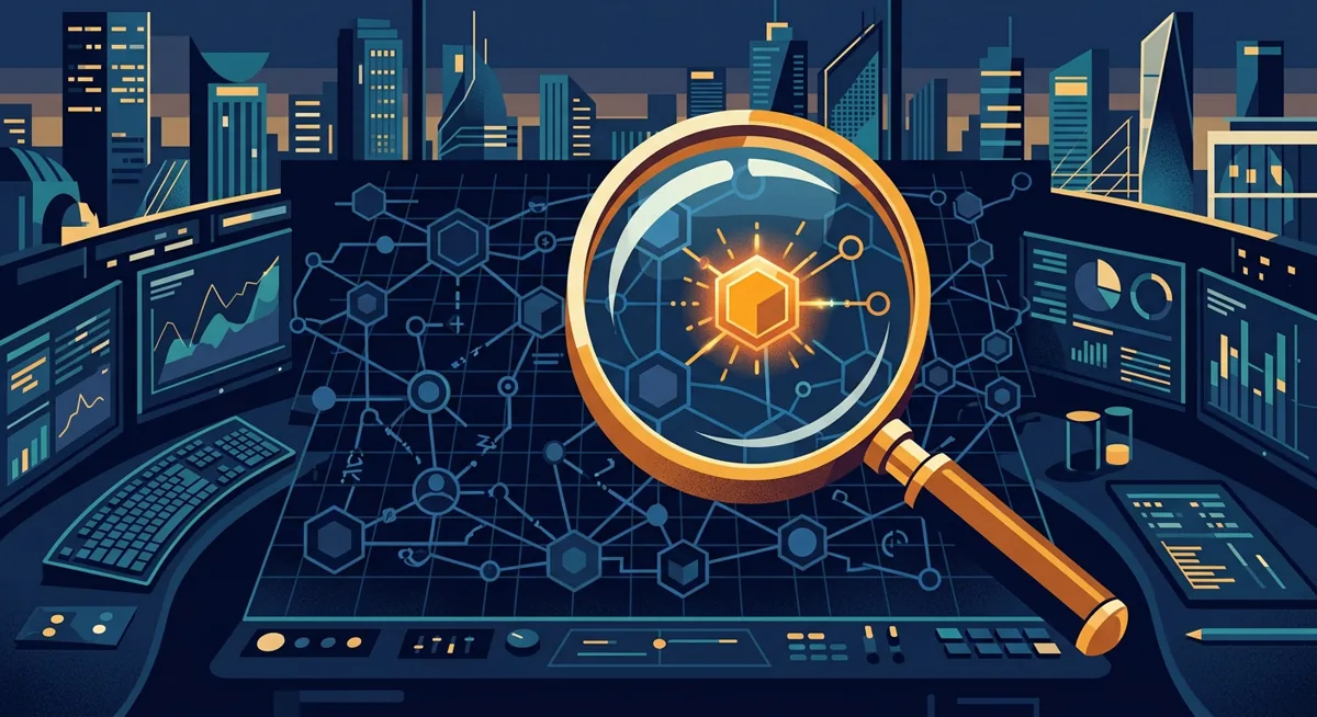 Illustration of a magnifying glass tracing a network of crypto wallet addresses, with one node highlighted in amber